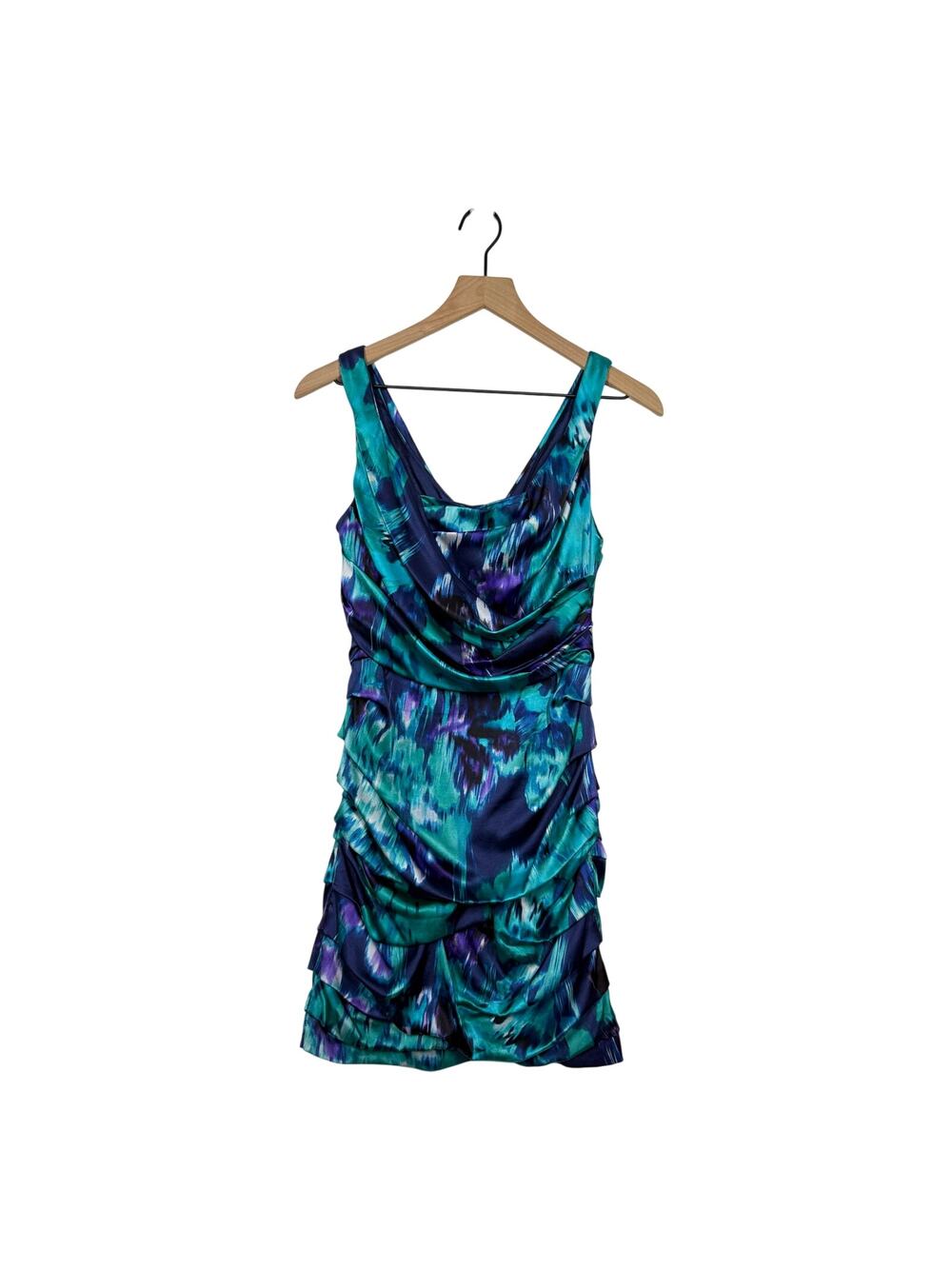 Express Y2K Mini Dress Size 4 Blue Abstract Silk Blend Ruched Party Vibrant